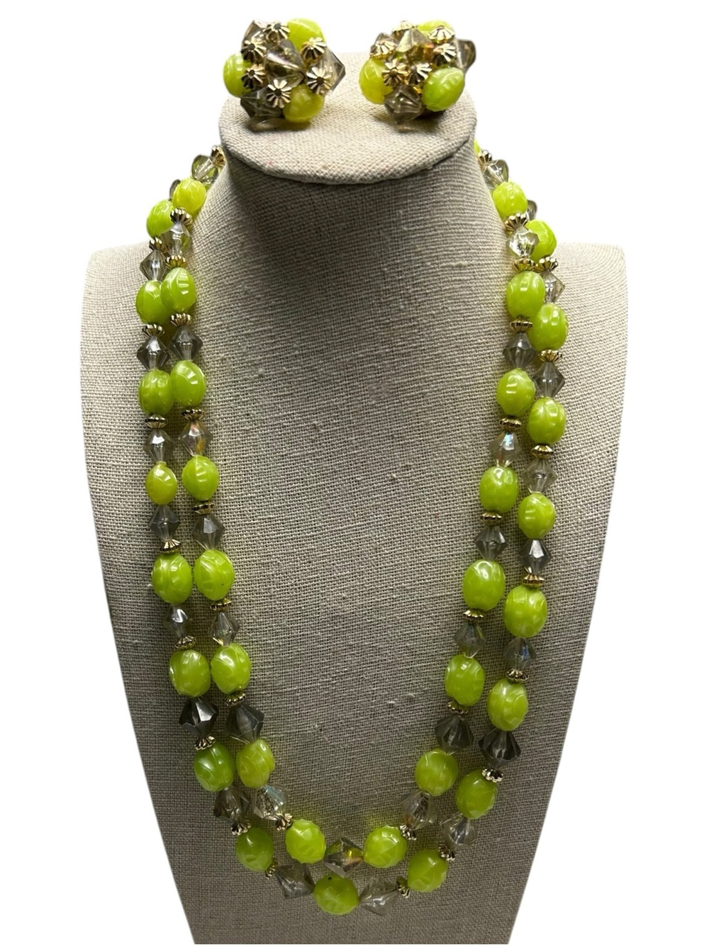 Vintage West Germany 2-Strand Bead Necklace Clip Earrings Set Green